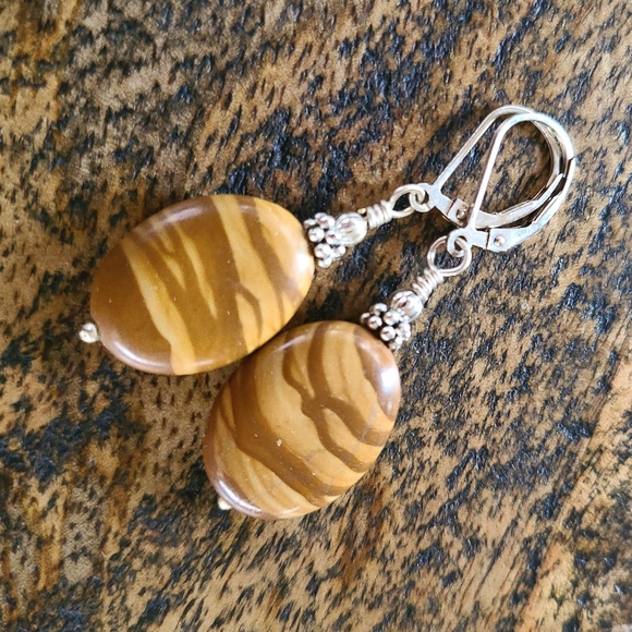 Sterling Silver Picture Jasper Dangle Earrings, Leverback Earwires - Picture 4 of 9